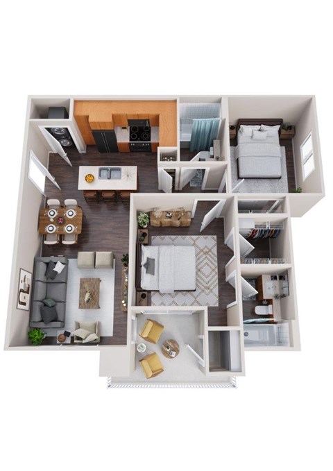 A top down view of a small apartment with a living room, kitchen, and bedroom.